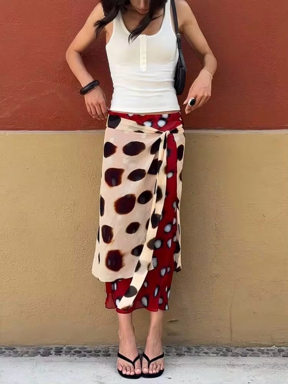 Women's Red & Beige Wrap Skirt